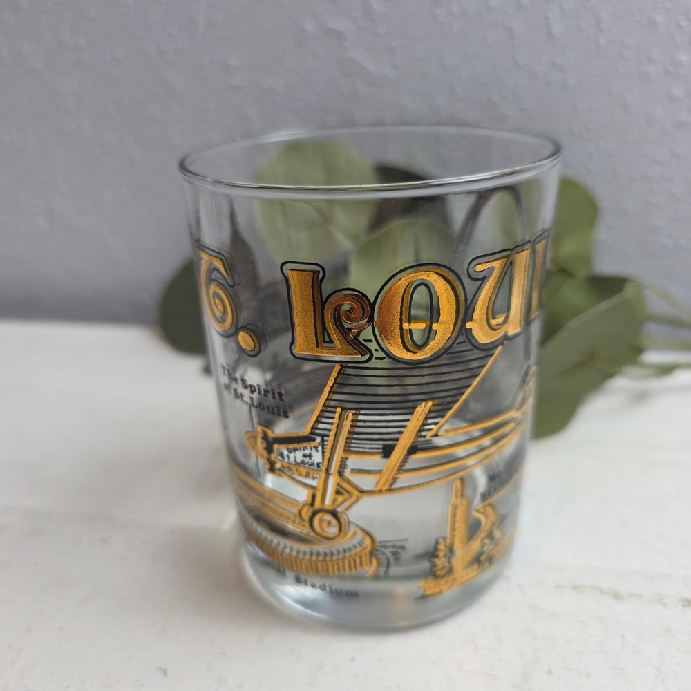Vintage St. Louis Souvenir Glass 22K Gold Black Gateway Arch Spirit of St Louis